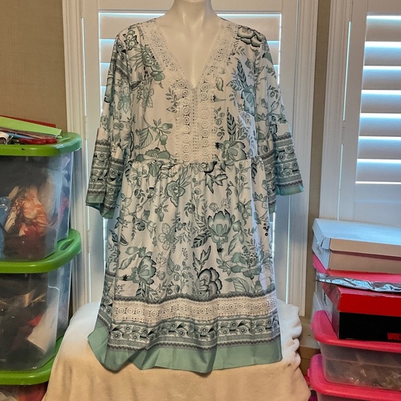 SHEIN Floral Midi Dress - White and Green - Picture 1 of 8